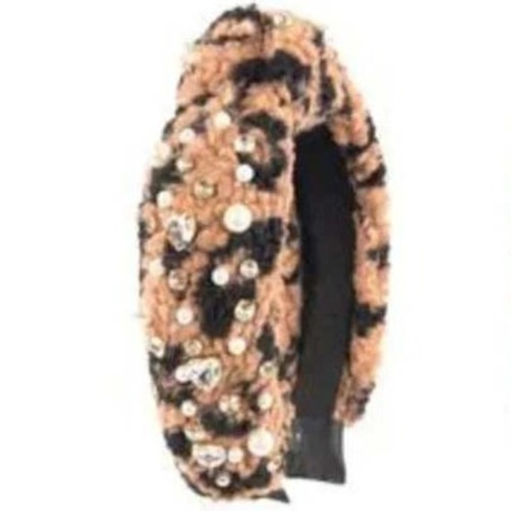 SIMPLY SOUTHERN Leopard Teddy Fleece Pearl Rhinestone Embellished Headband NWT